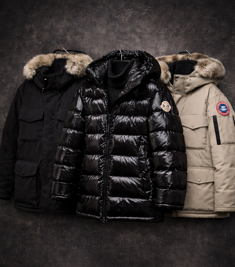 Three puffer jackets in black, gray, and beige on a textured dark background